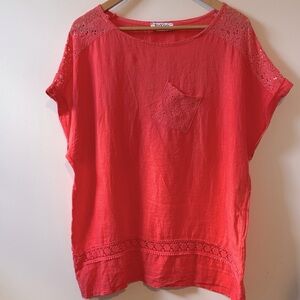 Via Vitale Coral Lace Accent Linen Blouse